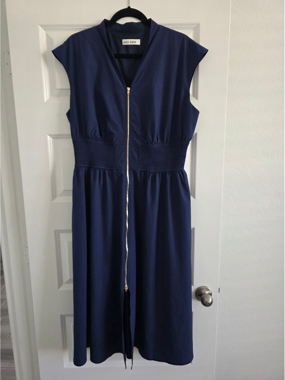 Grace Karin Zip Front Midi Dress with Cap Sleeves and Smocked Waist. Size XL.